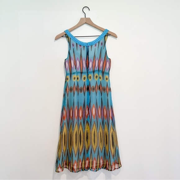Tory Burch Silk Colorful Dress Ikat Peacock Pleated Sleeveless Midi Luxury Prep - Picture 3 of 7